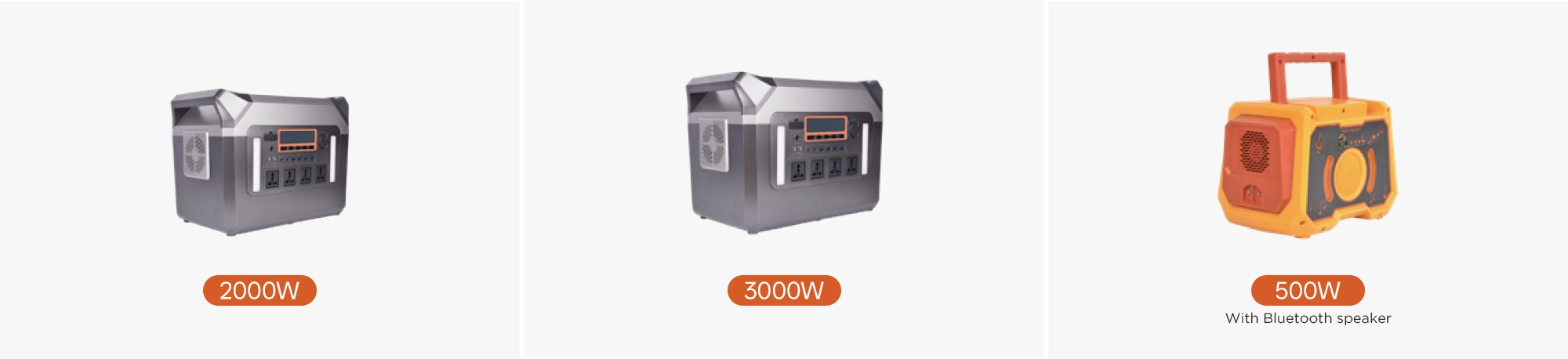 Double handles portable power station size comparison – 300W, 2000W, and 3000W 110V US models side by side showing capacity, size and portability differences for hiking, RV travel, and whole home backup in North America
